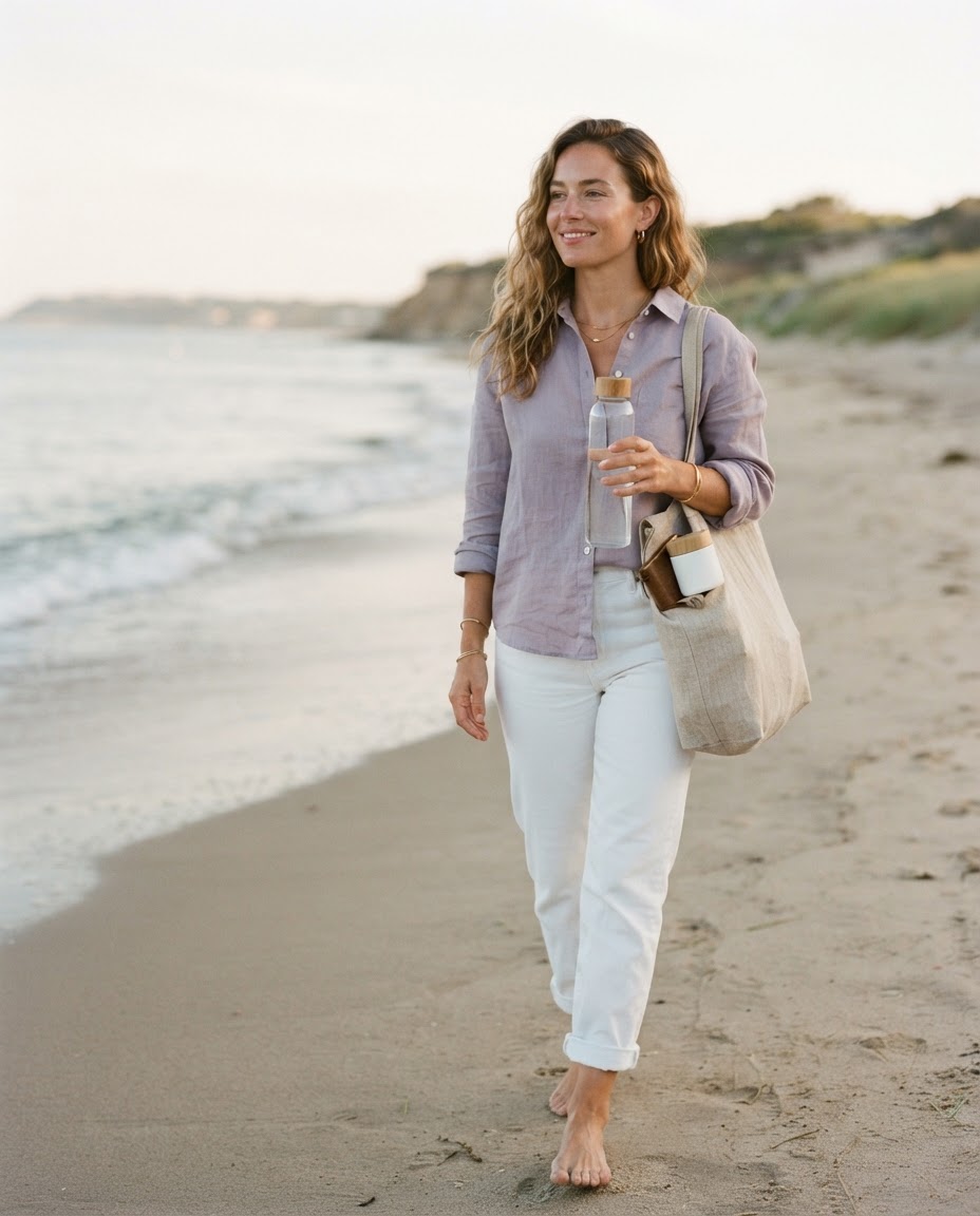 A woman enjoying a calm coastal wellness moment with Unmade