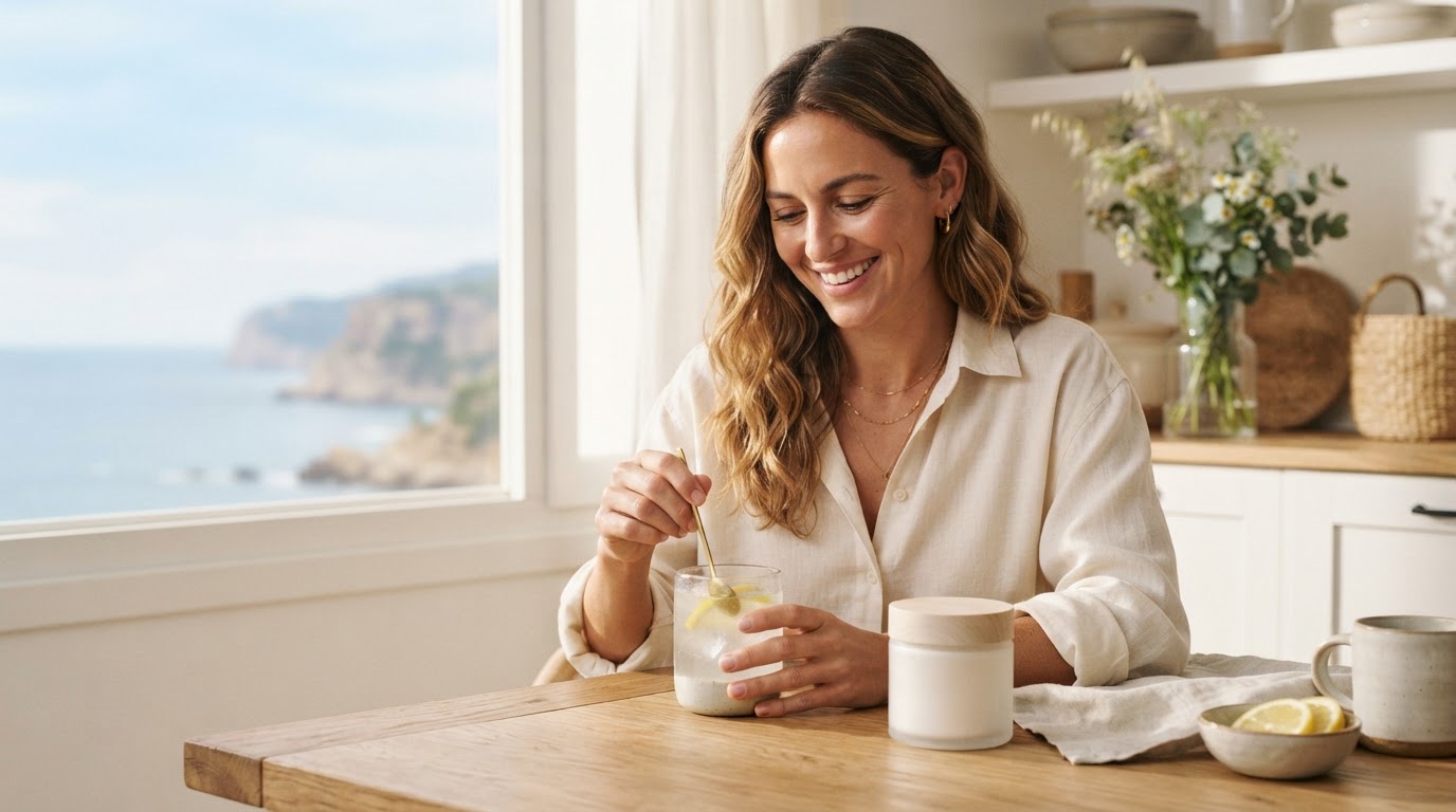 A woman enjoying an Unmade marine collagen drink in a sunlit coastal kitchen
