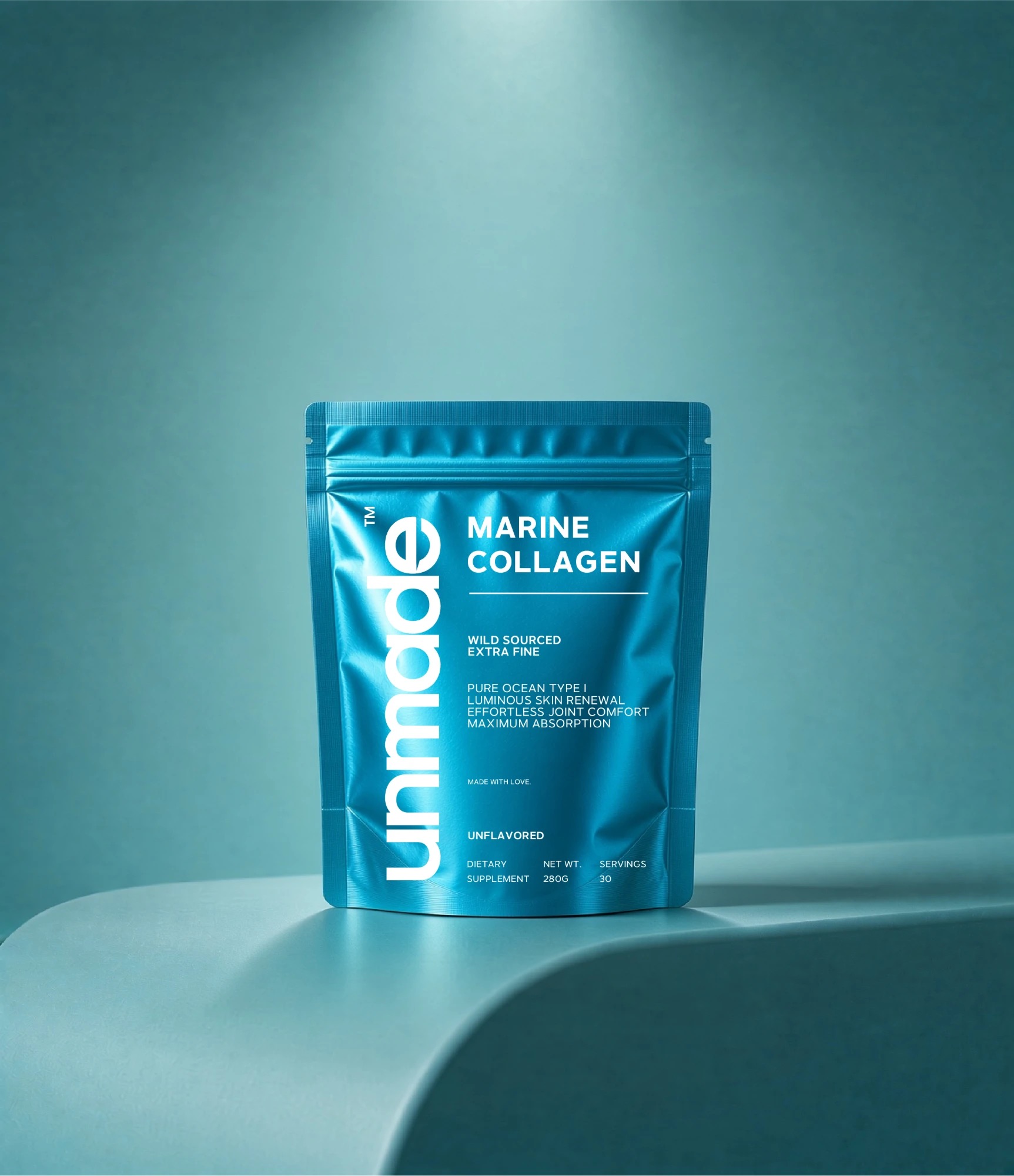 Unmade marine collagen pouch on a studio backdrop